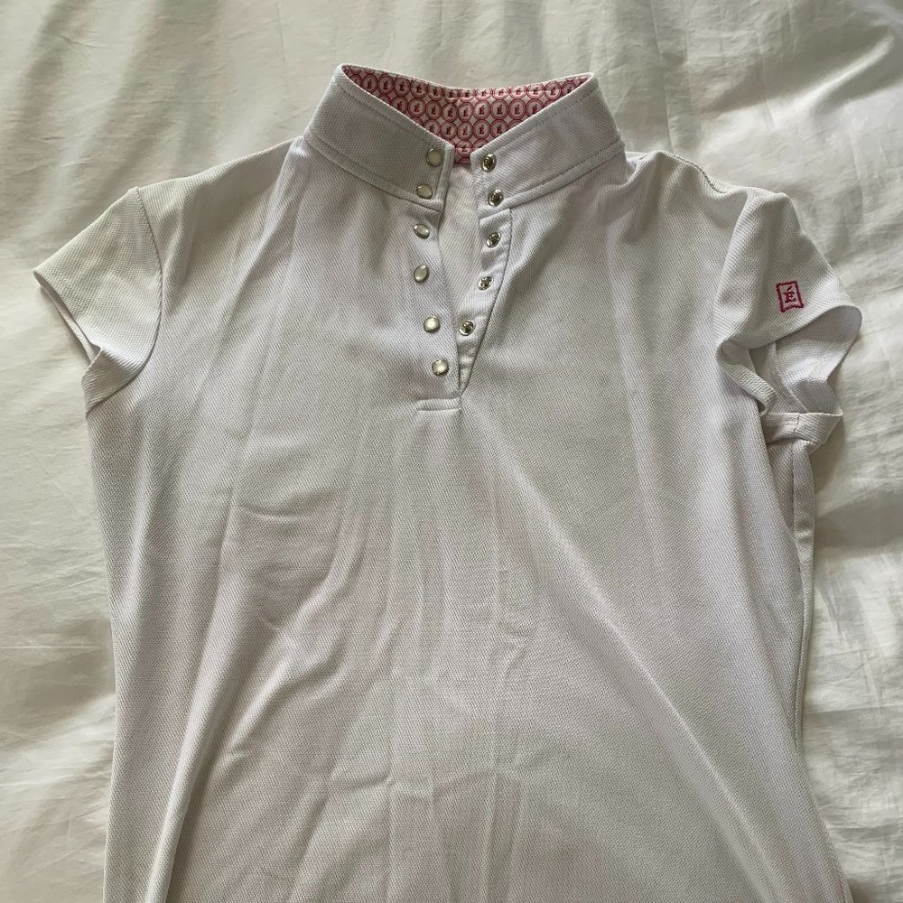 White Riding Show Top, Short Sleeved, with Pink Trim